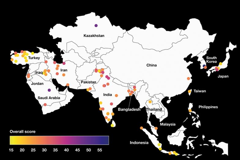 Map shows this year’s new Asia rankings participants, coloured by overall score