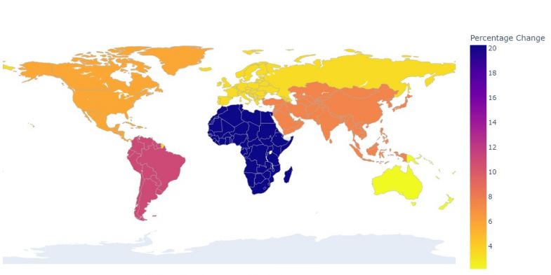 Change in World University Rankings submissions by continent (2025 v 2024)