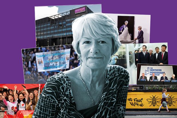 Nancy Rothwell with images behind her including the University of Manchester campus, her portrait, George Osborne, Xi Jinping, Sheik Mansour banner and Chinese students